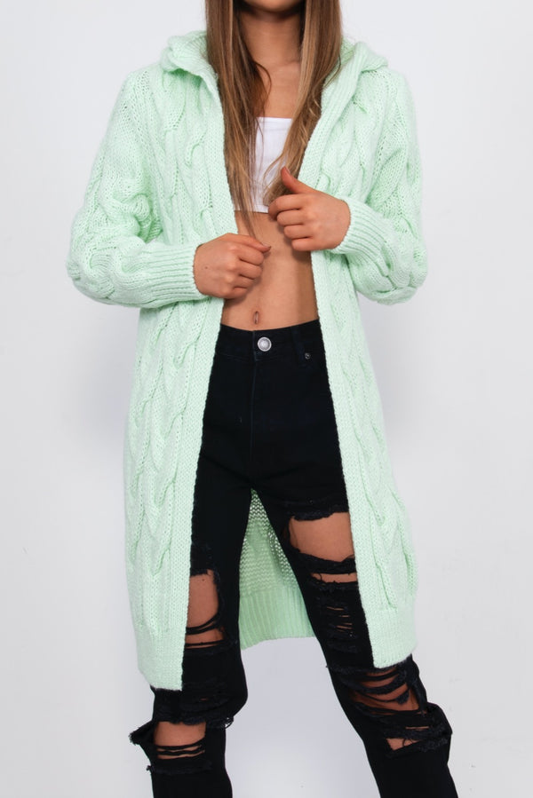 Lime Green Cable Knit Hooded Cardigan