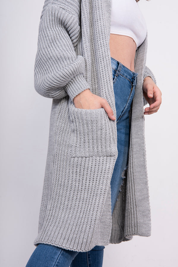 Grey Balloon Sleeve Pocket Detail Knit Cardigan 
