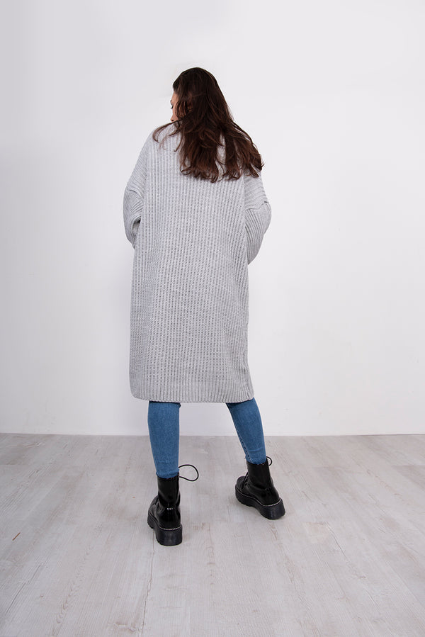 Grey Balloon Sleeve Pocket Detail Knit Cardigan 
