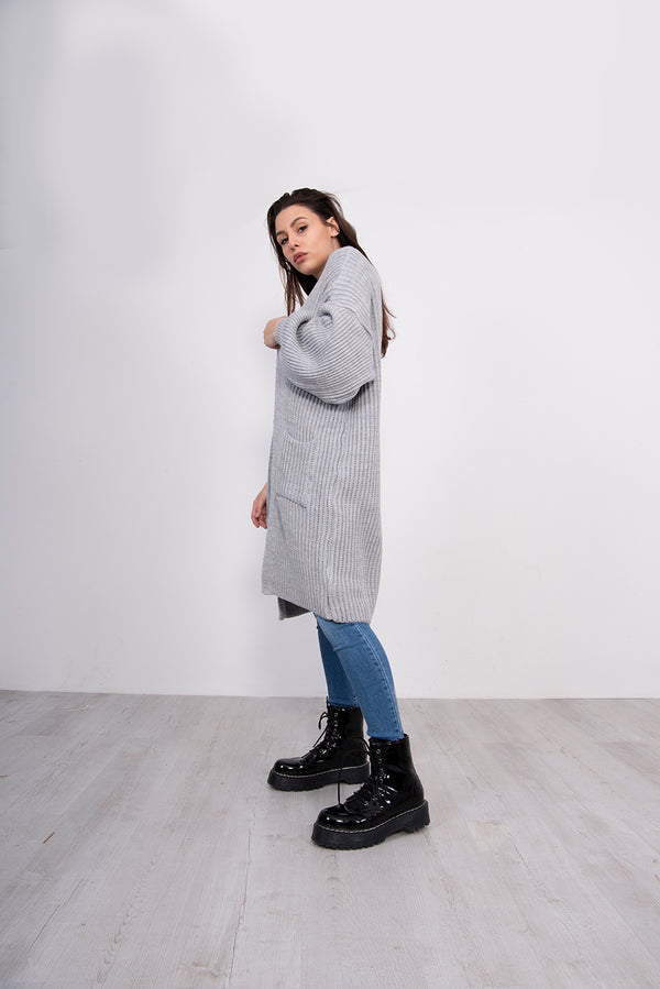 Grey Balloon Sleeve Pocket Detail Knit Cardigan 