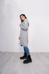 Grey Balloon Sleeve Pocket Detail Knit Cardigan 