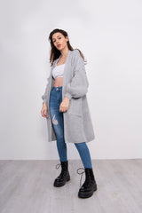 Grey Balloon Sleeve Pocket Detail Knit Cardigan 