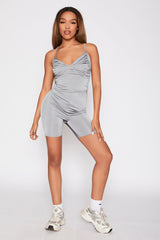 Grey Slinky Ruched Crop Top And Shorts Co-Ord