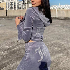 Grey Studded Juicy Print Velour Zip Up Tracksuit