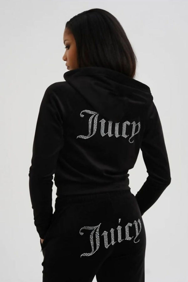 Black Studded Juicy Print Velour Zip Up Tracksuit