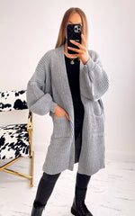 Grey Balloon Sleeve Pocket Detail Knit Cardigan 