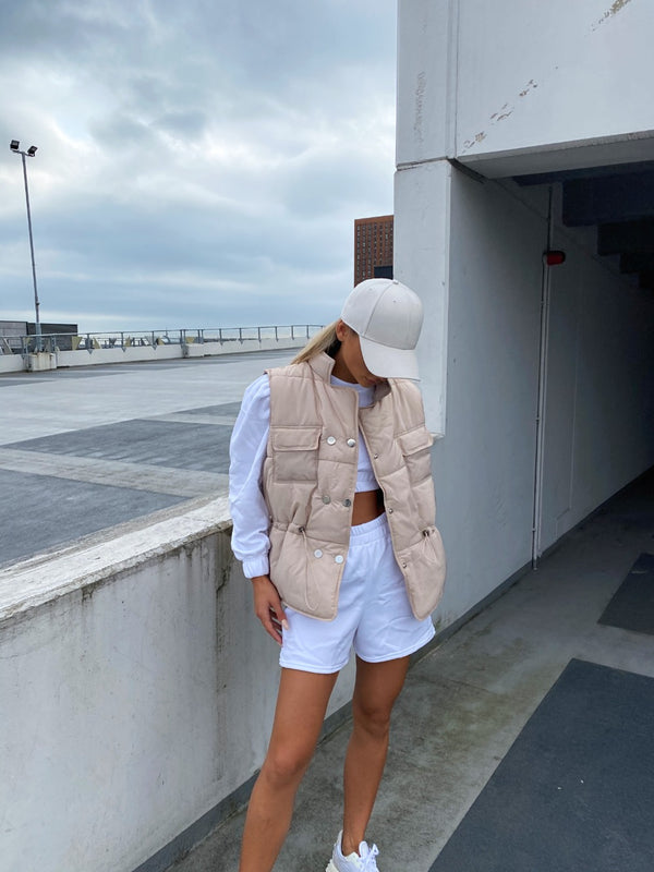Beige Drawstring Detail Puffer Gilet