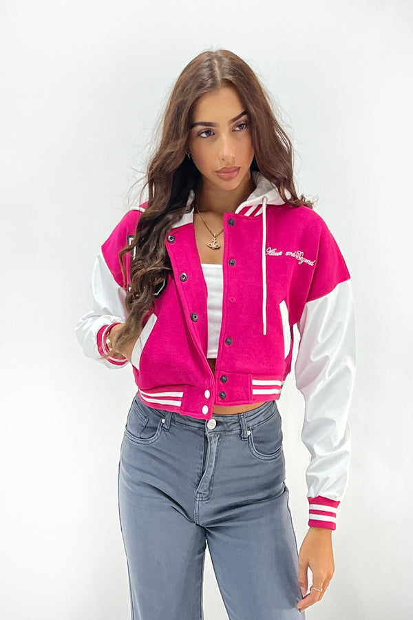 Hot Pink Hooded Contrast Sleeve Letter A Varsity Jacket