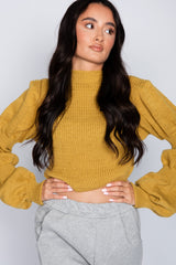 Mustard Puff Sleeve Cropped High Neck Jumper 
