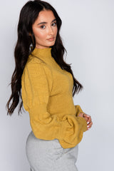 Mustard Puff Sleeve Cropped High Neck Jumper 