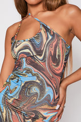 Multicolour Marble Print Slinky Asymetric Strap Bodycon Dress 