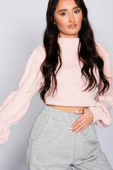 Dusky Pink Puff Sleeve Cropped High Neck Jumper