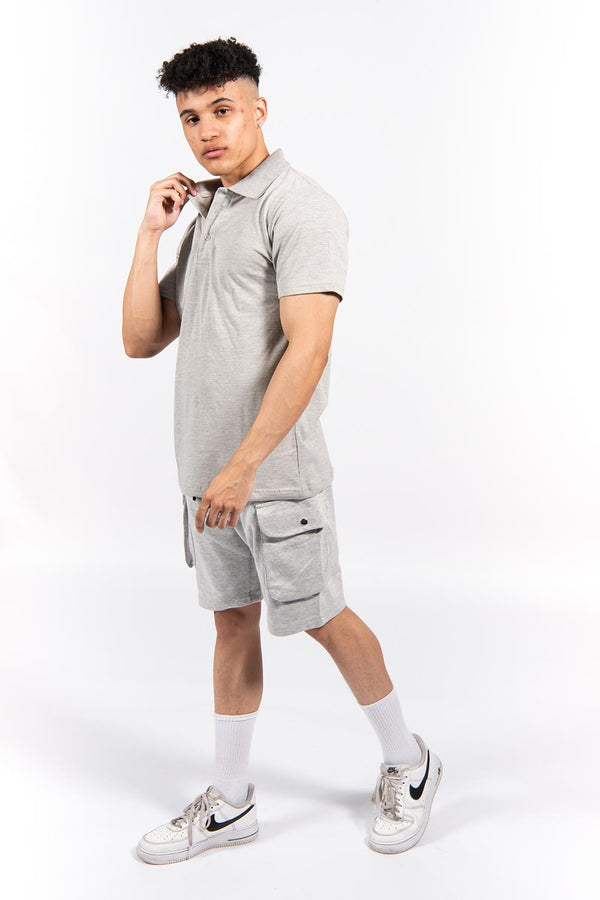 Grey Pique Polo and Cargo Short Set 