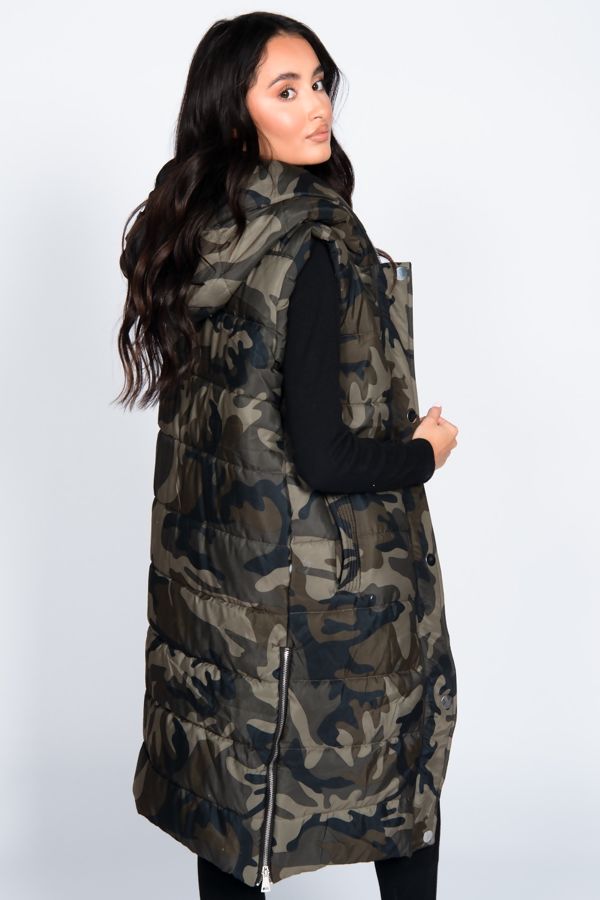 Khaki Camo Longline Hooded Puffer Gilet