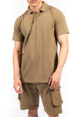 Khaki Pique Polo and Cargo Short Set 
