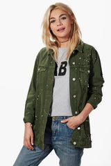 Khaki Long Line Print Splatter Denim Jacket