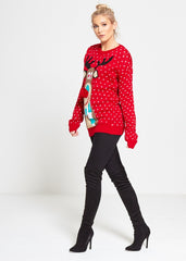 Plus Size Red Rudolph Christmas Jumper With Pom Pom Detail