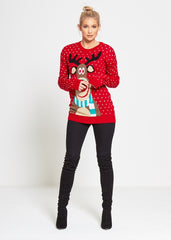 Plus Size Red Rudolph Christmas Jumper With Pom Pom Detail