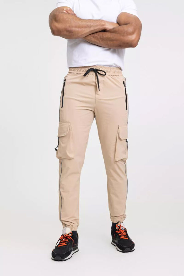 Mens Beige Reflective Piped Shell Cargo Jogger