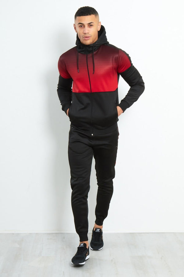 Mens Black with Red Faded Funnel Hood Tracksuit
