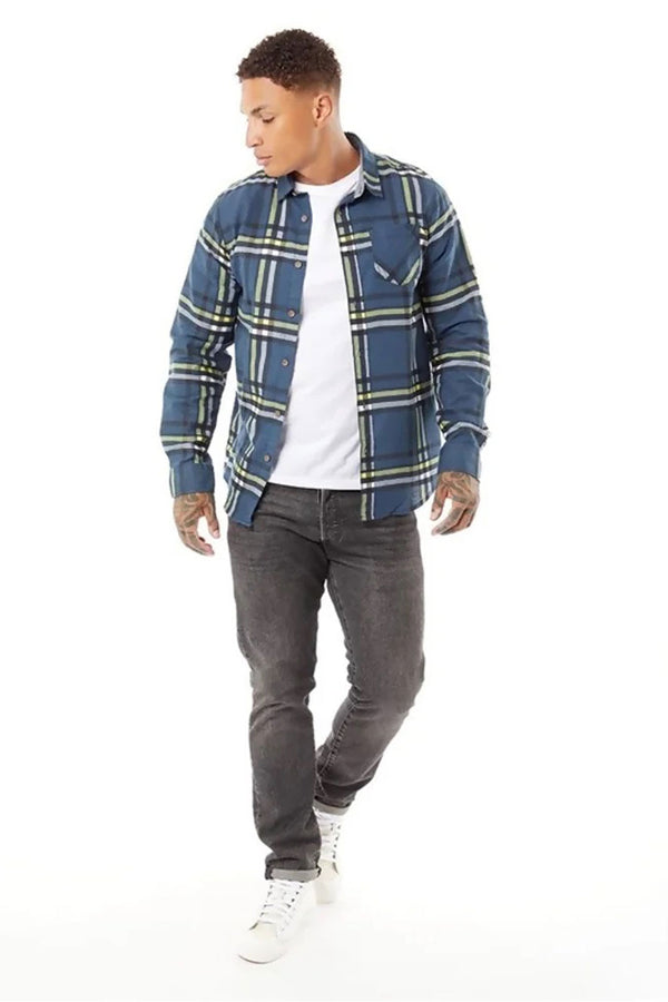 Mens Blue Checked Cotton Flannel Long Sleeve Shirt