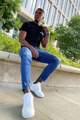 Mens Blue Washed Knee Patched Skinny Jeans