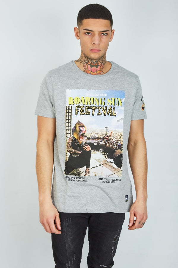 Mens Grey Roaring Festival Crew Neck T-Shirt