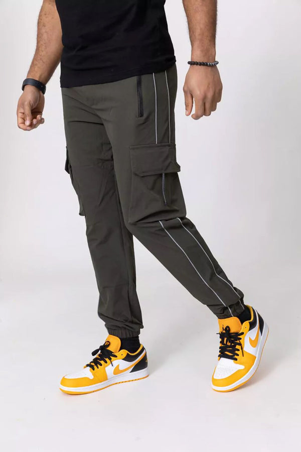 Mens Khaki Reflective Piped Shell Cargo Jogger