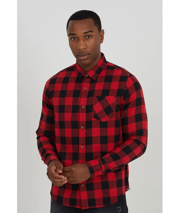Mens Red Checked Brushed Cotton Flannel Long Sleeve Shirt