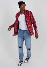 Mens Red Checked Cotton Flannel Long Sleeve Shirt