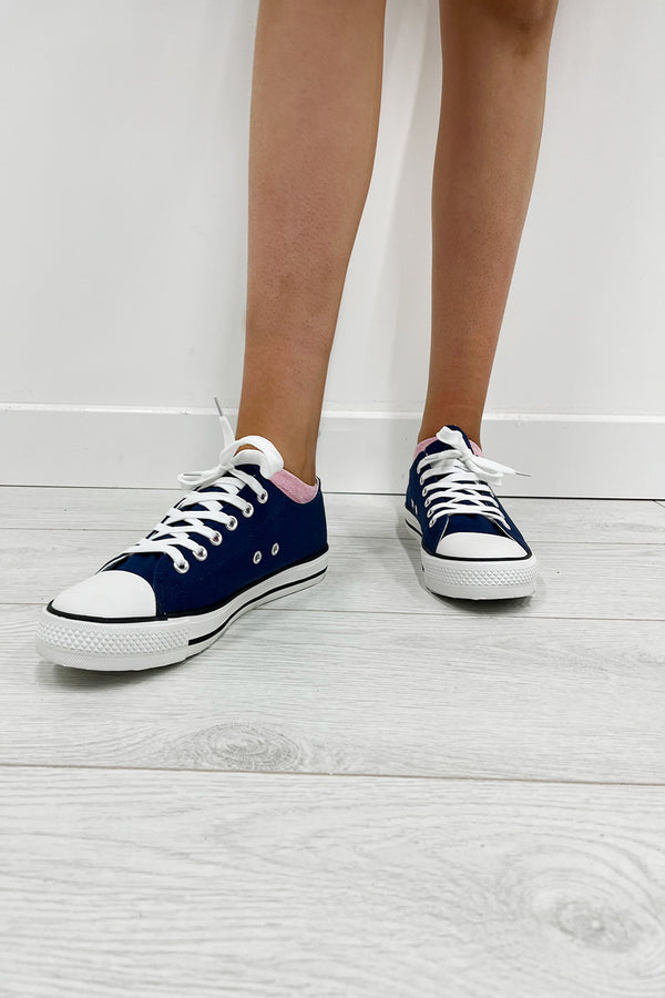 Navy Canvas Stripe Sole Flat Trainers