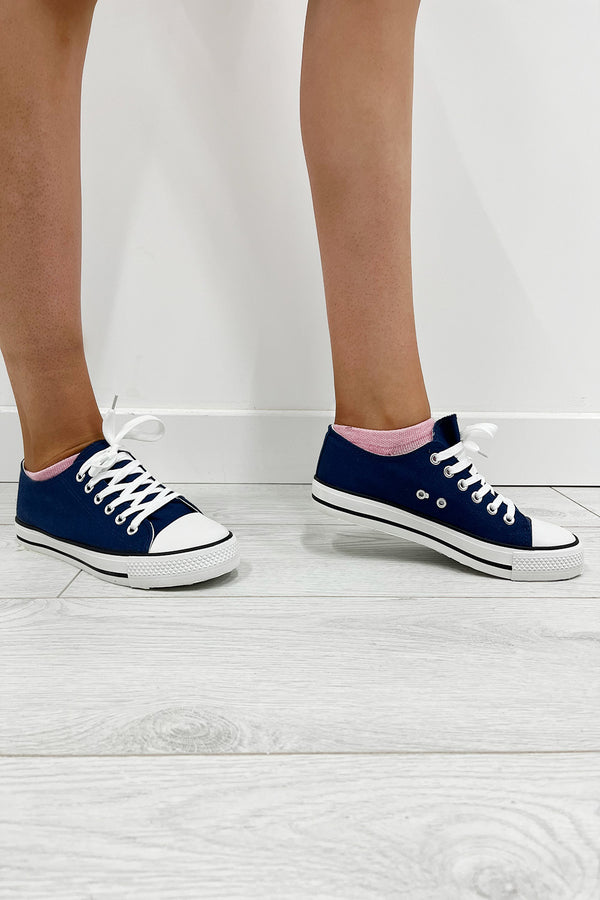 Navy Canvas Stripe Sole Flat Trainers