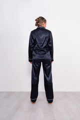 Navy Piping Detail Long Sleeve Satin Pyjama Set