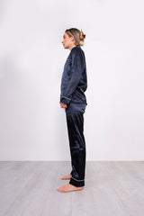 Navy Piping Detail Long Sleeve Satin Pyjama Set