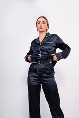 Navy Piping Detail Long Sleeve Satin Pyjama Set