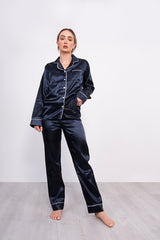 Navy Piping Detail Long Sleeve Satin Pyjama Set