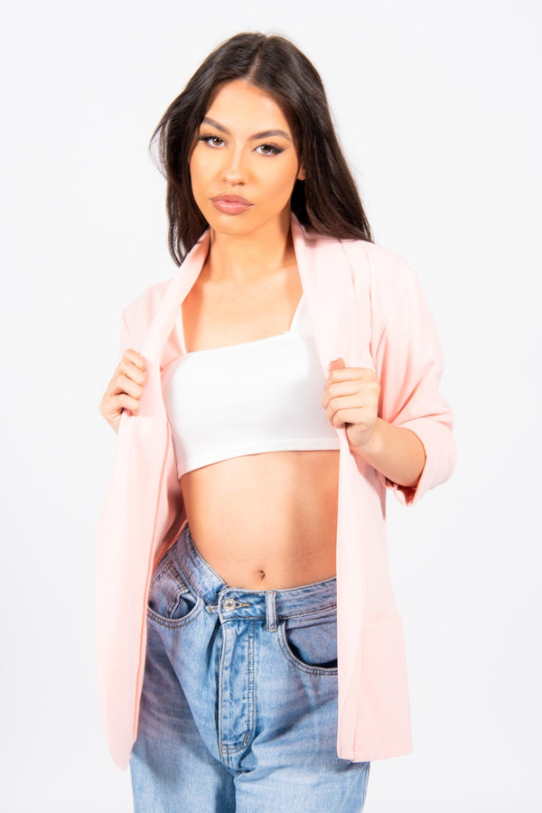 Dusky Pink Ruched Sleeve Blazer