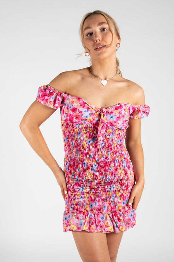 Pink Ditsy Floral Knot Front Shirred Dress 