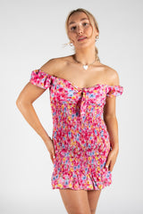 Pink Ditsy Floral Knot Front Shirred Dress 