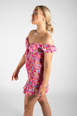 Pink Ditsy Floral Knot Front Shirred Dress 