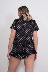 Black Polka Dot Frill Satin Pyjama Set