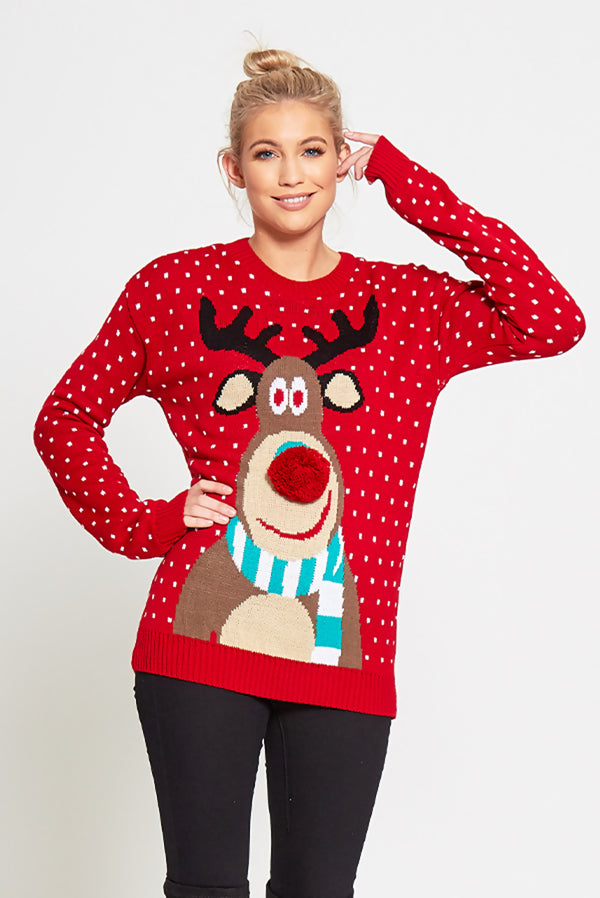 Plus Size Red Rudolph Christmas Jumper With Pom Pom Detail