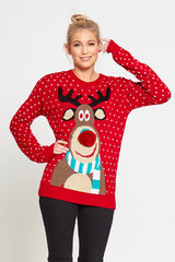 Plus Size Red Rudolph Christmas Jumper With Pom Pom Detail