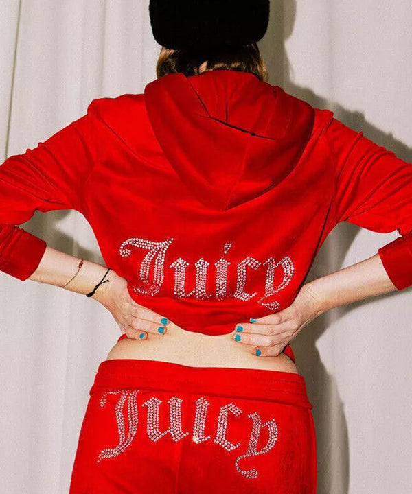 Red Studded Juicy Print Velour Zip Up Tracksuit