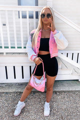 Pink Cropped Contrast Sleeve Varsity Jacket