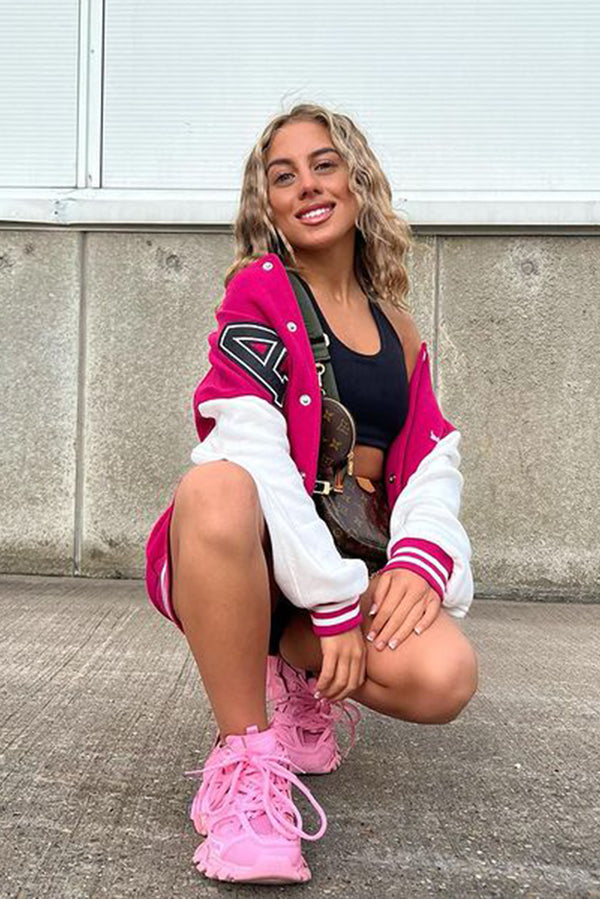 Hot Pink Contrast Sleeve Letter A Varsity Jacket