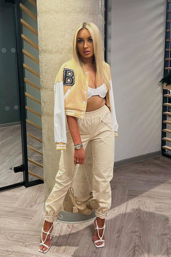 Beige Cropped Contrast Sleeve Varsity Jacket