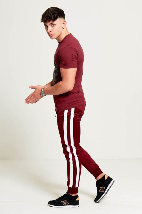 Mens Wine Aarhon Double Stripe Jogging Bottom